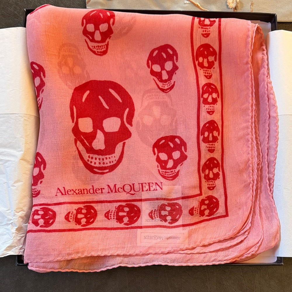 Alexander McQueen Pink and Red Skull Silk Scarf